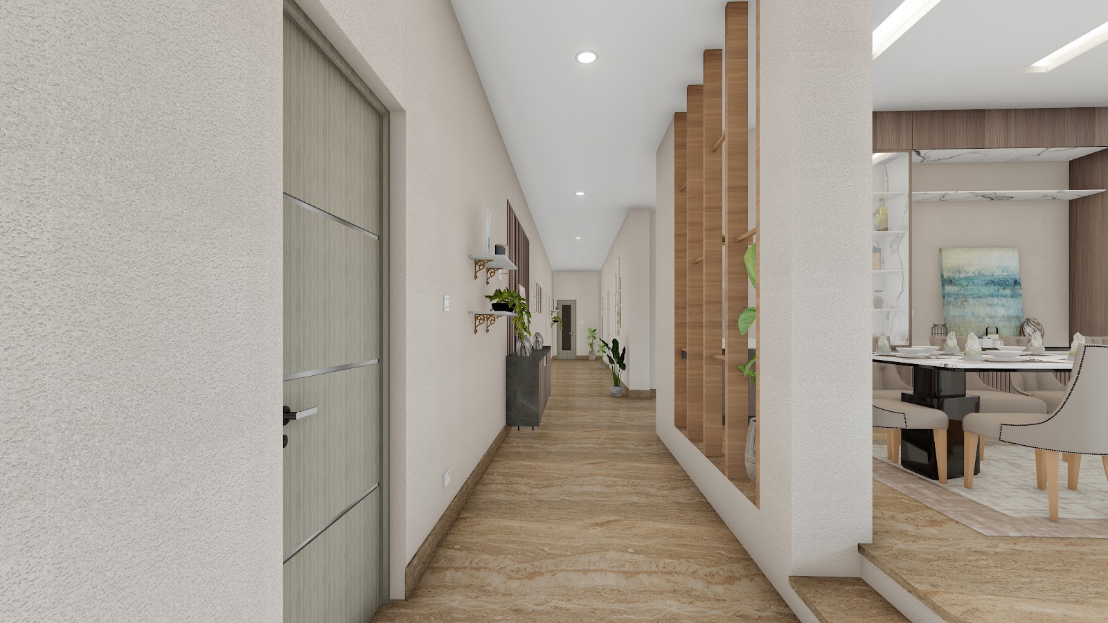 Internal corridor with recessed lighting and timber doors, residence interior design, Hanumannagar Rajbiraj