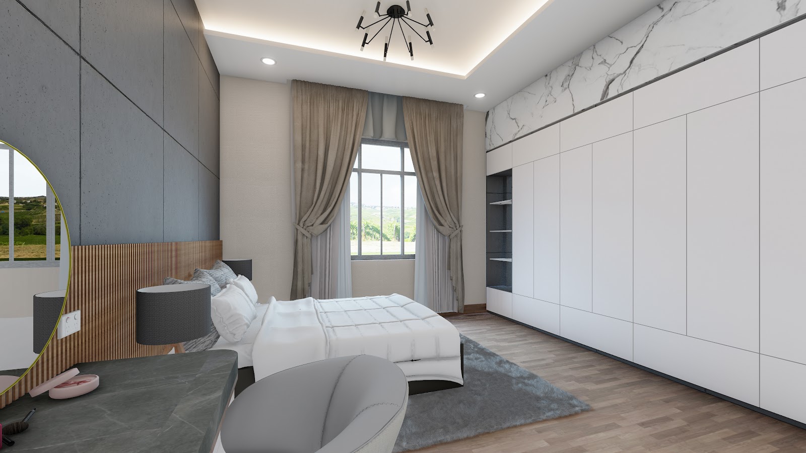 Guest bedroom with built-in wardrobe and study nook, residence interior design, Hanumannagar Rajbiraj