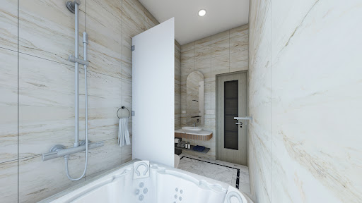 Attached master bathroom with tiled walls and vanity, residence interior design, Hanumannagar Rajbiraj