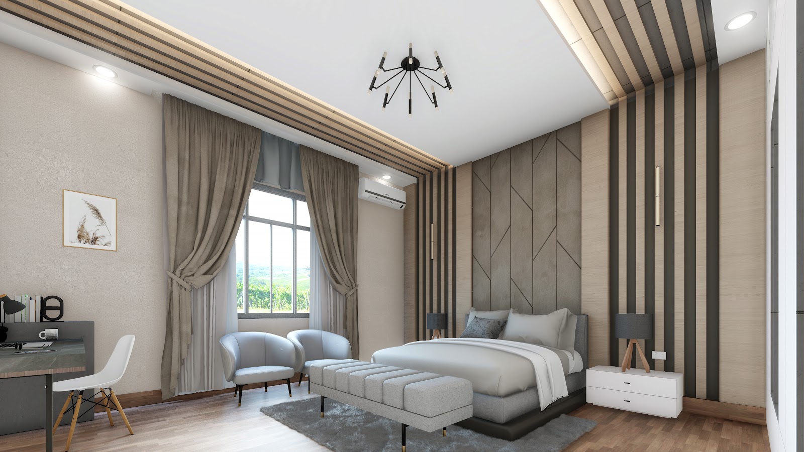 Master bedroom with panelled headboard and warm lighting, residence interior design, Hanumannagar Rajbiraj