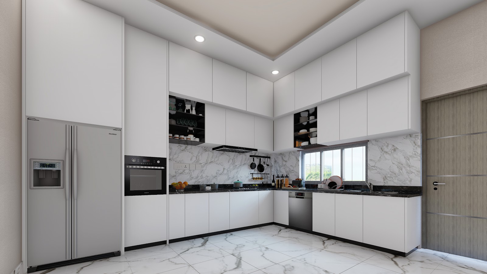 Modular kitchen with fitted cabinetry and stone counter, residence interior design, Hanumannagar Rajbiraj