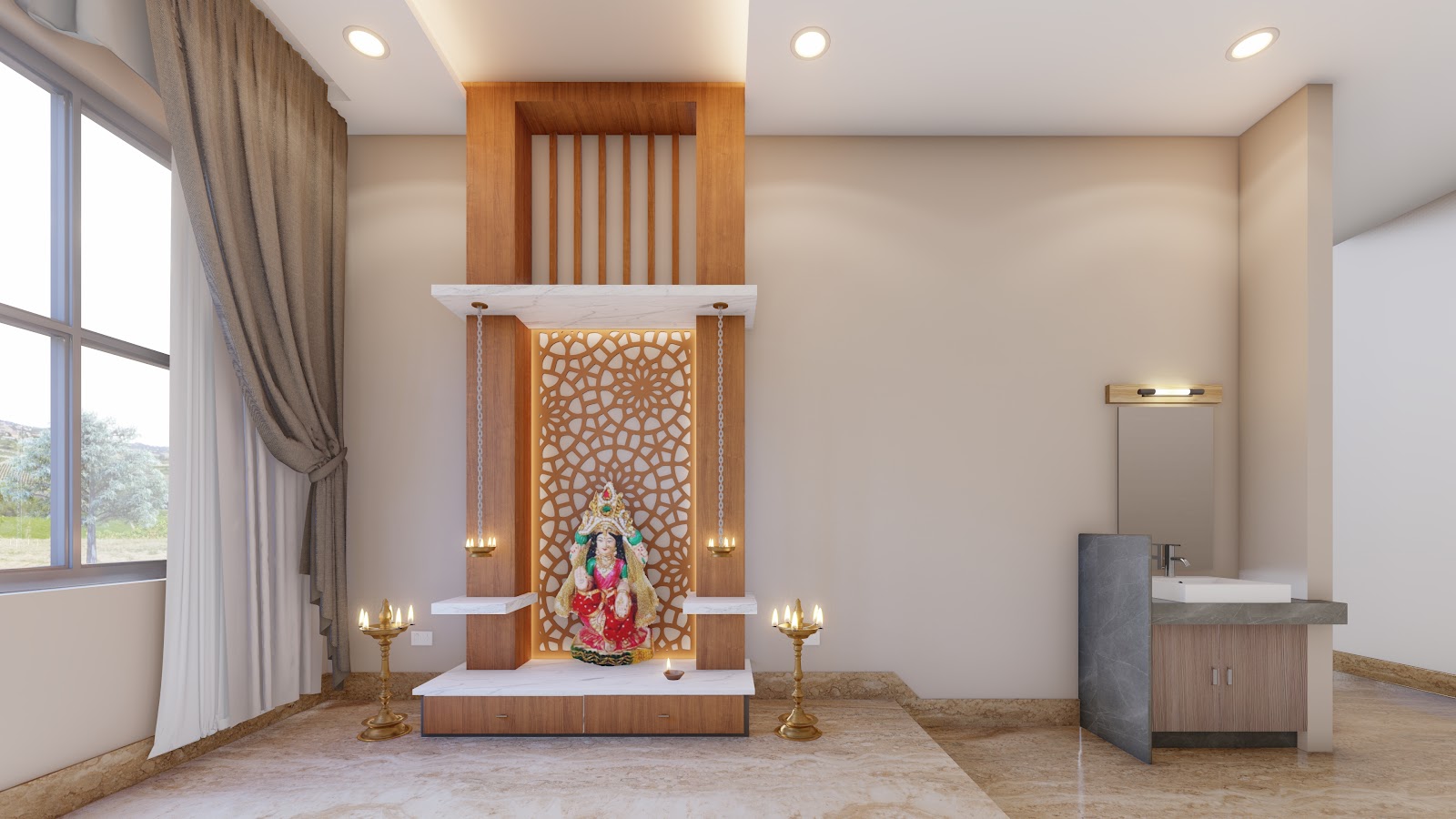 Pooja room with carved timber shrine and accent lighting, residence interior design, Hanumannagar Rajbiraj