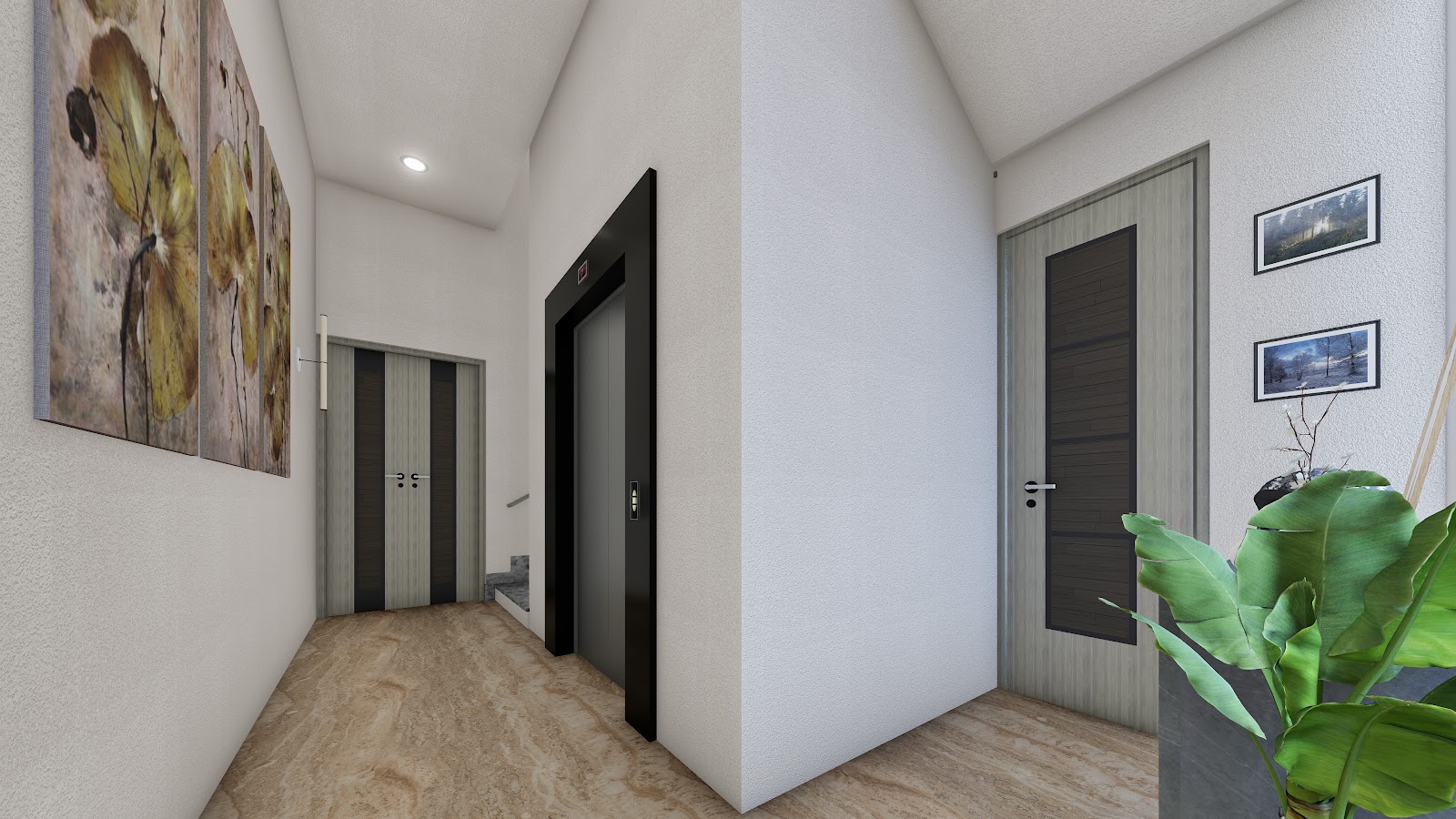 Staircase area with railing detail and stone finish, residence interior design, Hanumannagar Rajbiraj